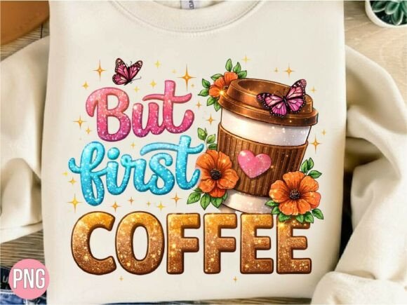 Elevate Your Creative Projects with the Cute but First Coffee Glitter Shirt PNG